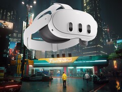 Meta Quest 3 VR headset getoond in Cyberpunk 2077's Night City (bron: Meta, Steam met bewerkingen)