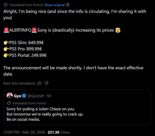 Machinaal vertaald PS5 prijsverhoging gerucht op X