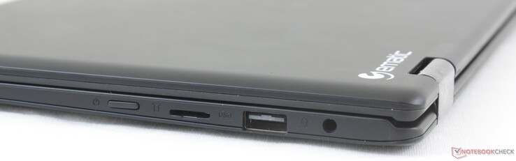 Rechts: Power-knop, MicroSD-lezer, USB 2.0, 3.5-mm-koptelefoon