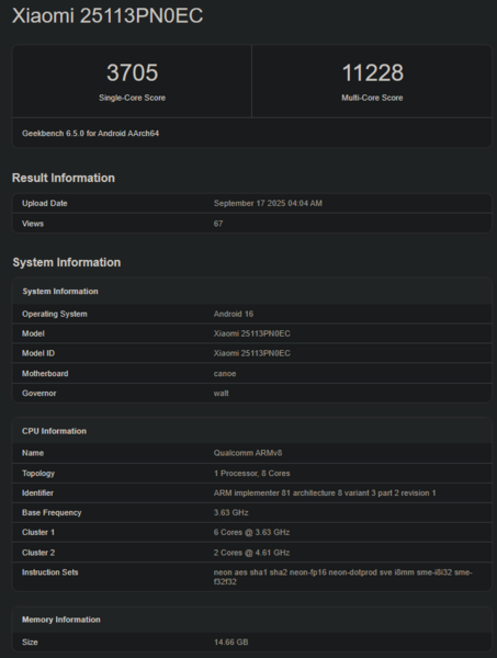 Nieuwe Snapdragon 8 Elite Gen 5 Geekbench score (bron: Geekbench)