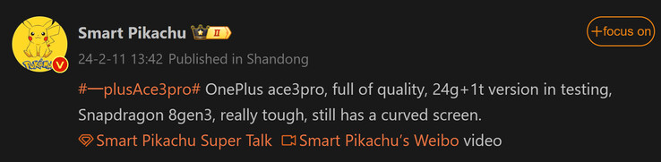 Smart Pikachu deelt de eerste informatie over de OnePlus Ace 3 Pro (Afbeeldingsbron: Weibo)