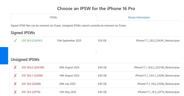 Vanaf 23 september is iOS 26.0 de enige ondertekende versie van iOS die beschikbaar is voor de iPhone 16-serie en andere iOS 26-apparaten. (Afbeeldingsbron: IPSW)