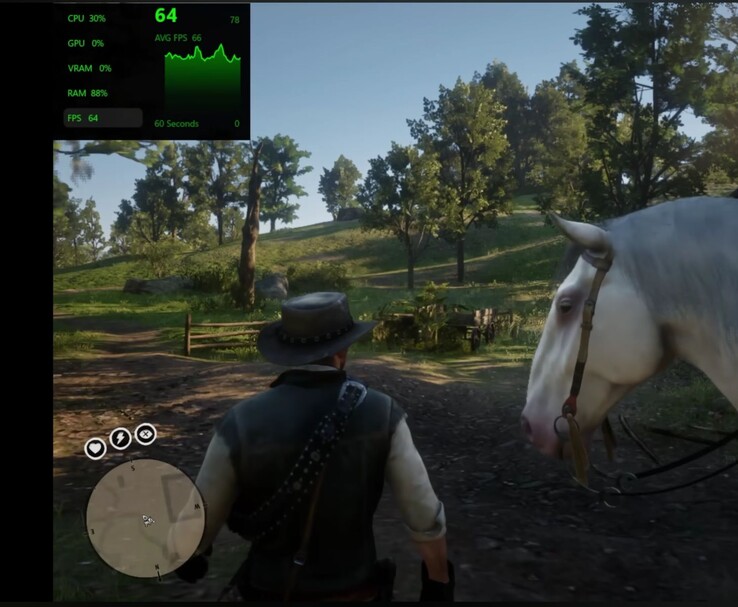 Red Dead Redemption 2 gameplay op Snapdragon X2 Elite met prestatie-overlay zichtbaar