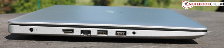 Links: voeding, HDMI, RJ45-LAN, 2x USB 3.1, gecombineerde audioklink (koptelefoon/microfoon)