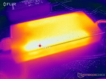 AC-adapter kan meer dan 40 C bereiken wanneer gedurende langere tijd veeleisende belastingen worden gebruikt