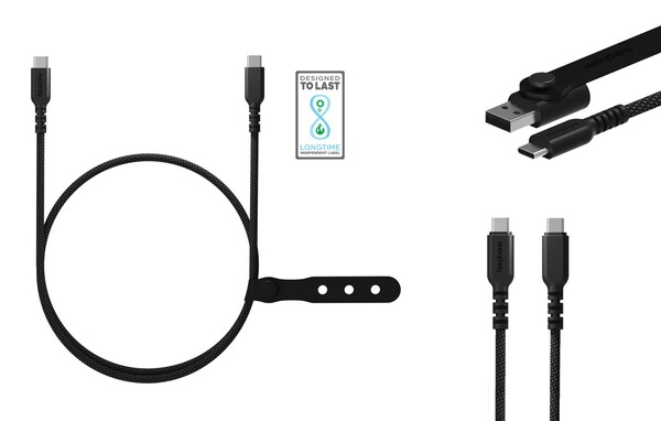 De Fairphone USB-C kabels zijn gevlochten en worden geleverd met een USB-A adapter. (Afbeeldingsbron: Fairphone)