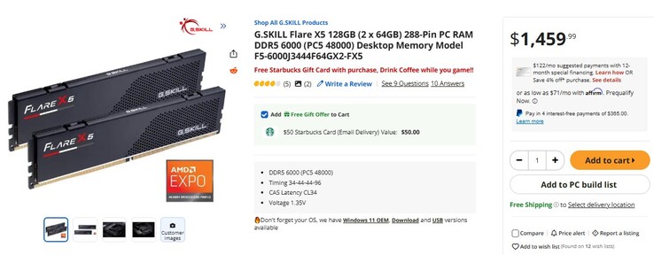G.Skill Flare DDR5 RAM notering. (Afbeelding Bron: Newegg) 