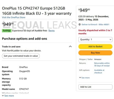 OnePlus 15 aanbieding op Amazon UK (Afbeelding Bron: Equal Leaks)