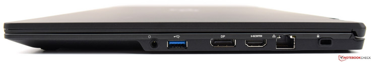 rechts: gecombineerde audioklink, UBS 3.0 Type-A, DisplayPort, HDMI, Ethernet, Kensington Lock