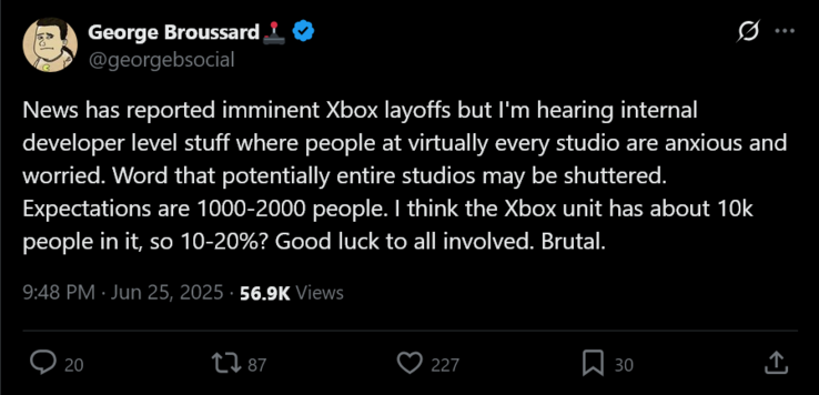 George Broussard Xbox-gerucht over ontslagen (Afbeeldingsbron: screenshot, George Broussard X-account)