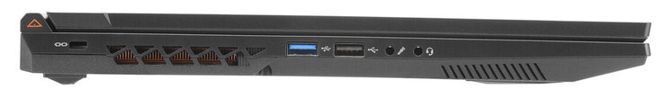 Links: kabelslot, USB 3.2 gen. 1 (USB-A), USB 2.0 (USB-A), microfoon-ingang, gecombineerde audio-aansluiting