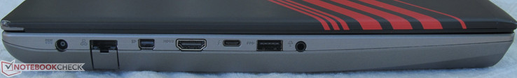 Linkerkant: stroomaansluiting, gigabit LAN, Mini DisplayPort, HDMI, Thunderbolt 3, USB 3.0 Type-A, gecombineerde audiopoort
