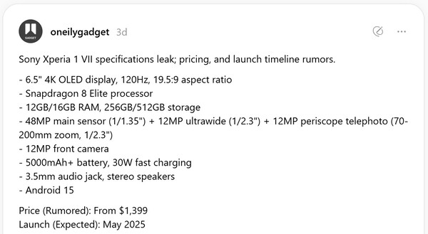 Vermoedelijke specificaties van de Sony Xperia 1 VII. (Afbeeldingsbron: oneilygadget)