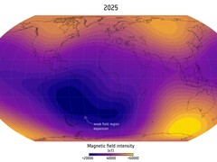Een weergave van de Zuid-Atlantische Anomalie in 2025 (Afbeeldingsbron: Finlay, C.C. et al., 2025; bijgesneden)