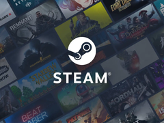 Het Steam-logo, tegen een assortiment miniaturen van games.