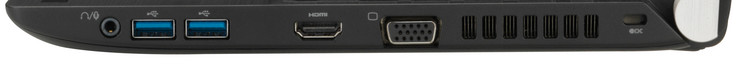 Rechts: Audio in/out, 2x USB 3.0, HDMI, VGA, uitlaat, Kensington (foto: Toshiba)