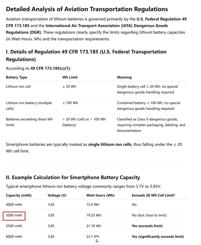 Volgens de US Aviation Transportation Regulation 49 CFR 173.185 moeten alle lithiumbatterijen met een capaciteit van meer dan 20 Wh per batterijcel worden geclassificeerd als gevaarlijke goederen.