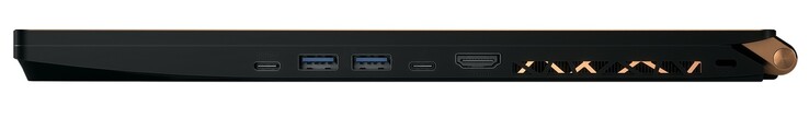 Rechterkant: USB Type-C 3.0, 2x USB Type-A 3.1 Gen 2, Thunderbolt 3, HDMI 2.0, Kensington lock