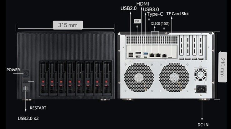 De I/O aan de achterkant en voorkant van de XYC X108 NAS PC. (Afbeeldingsbron: AndroidPC.es)