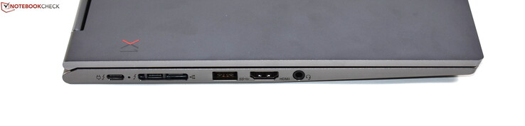 Links: Docking-poort (2x Thunderbolt 3, miniEthernet), USB 3.0 Type-A, HDMI, combo-audio-aansluiting