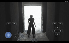 PC-game draait via DroidDeck op Android en toont een personage in een besneeuwd landschap met virtuele controllerknoppen.
