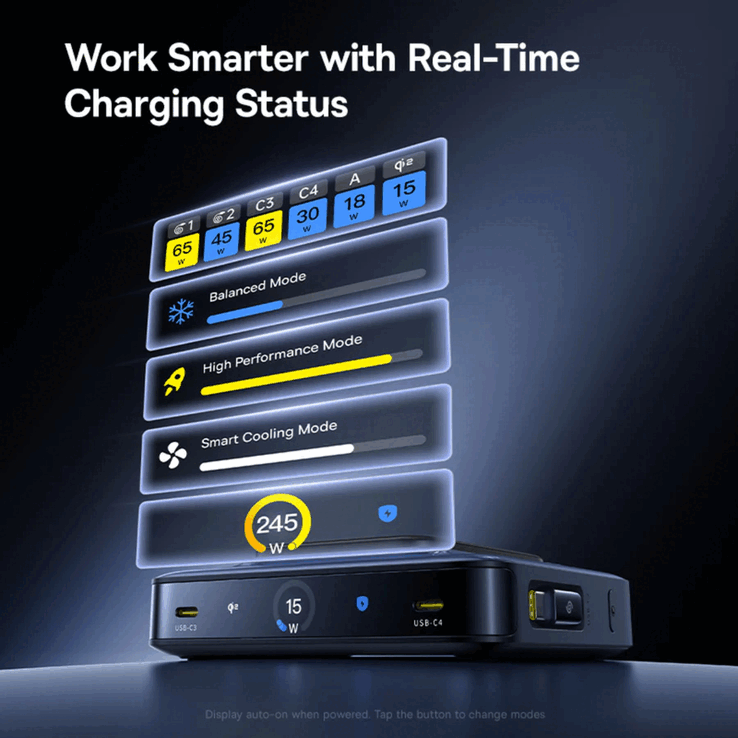 Het Baseus Nomos NH21 6-in-1 GaN desktop laadstation heeft een 3-inch LCD-scherm (Afbeelding bron: Baseus)