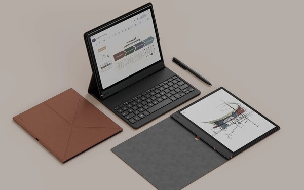 De Boox Note Air5 C wordt geleverd met een gratis hoesje en stylus, maar de toetsenbordhoes moet apart of als bundel worden gekocht. (Afbeeldingsbron: Boox)