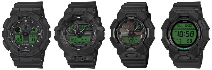 Van links naar rechts: de Casio G-Shock GA100BEG-1A, GA700BEG-1A, GAB010BEG-1A en GD010BEG-1 horloges