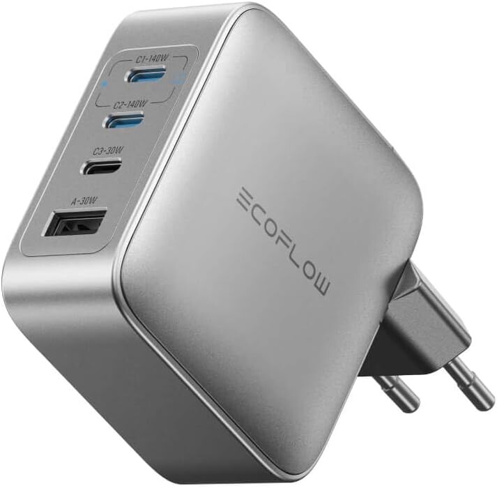 De EU-versie van de EcoFlow Rapid Pro-oplader (140 W, 4 poorten, GaN). (Afbeeldingsbron: EcoFlow)