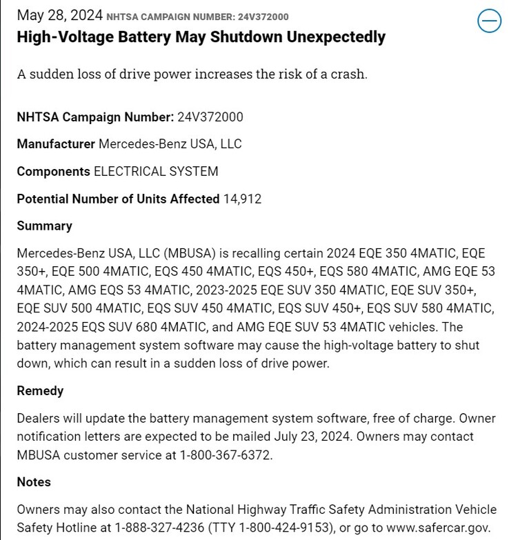 Terugroepbericht van Mercedes-Benz. (Bron: NHTSA)