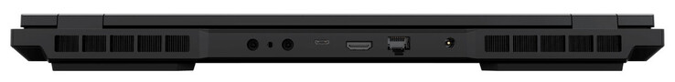 Achterkant: 2x aansluitingen voor de waterkoeling, Thunderbolt 4/USB 4 (USB-C; Power Delivery, Displayport, G-Sync), HDMI, Gigabit Ethernet (2,5 GBit/s), voedingsaansluiting