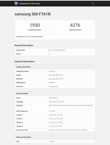 Galaxy Z Flip FE Geekbench listing (afbeeldingsbron: Abhishek Yadav op X)