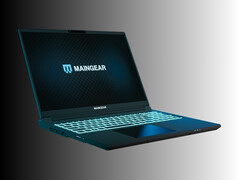 Maingear Super 16 gaming laptop vooraanzicht onder een hoek (Afbeelding bron: Maingear PR)