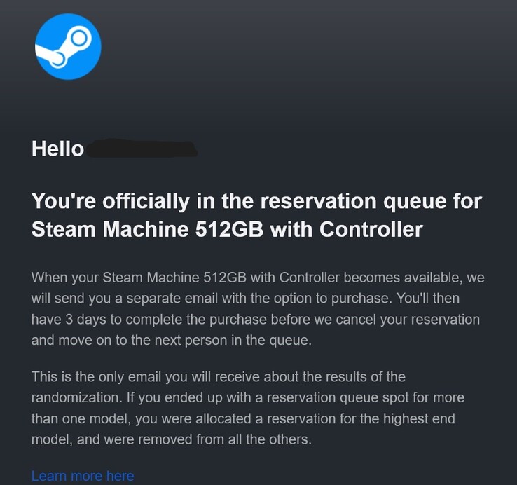 E-mail betreffende de reservering van de Steam Machine.