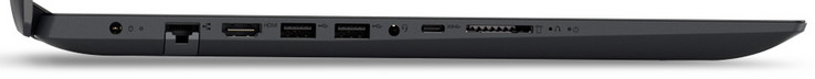 Linkerkant: stroomaansluiting, Gigabit-Ethernet, HDMI, 2x USB 3.1 Gen 1 (Type A), audiopoort, USB 3.1 Gen 1 (Type C), geheugenkaartlezer (SD)