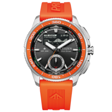 Productafbeelding van de Citizen Promaster Wave Tracker JV3000-13E met een oranje rubberen band, oranje lunette, zwarte wijzerplaat en een analoog-digitaal display met regatta-timer.