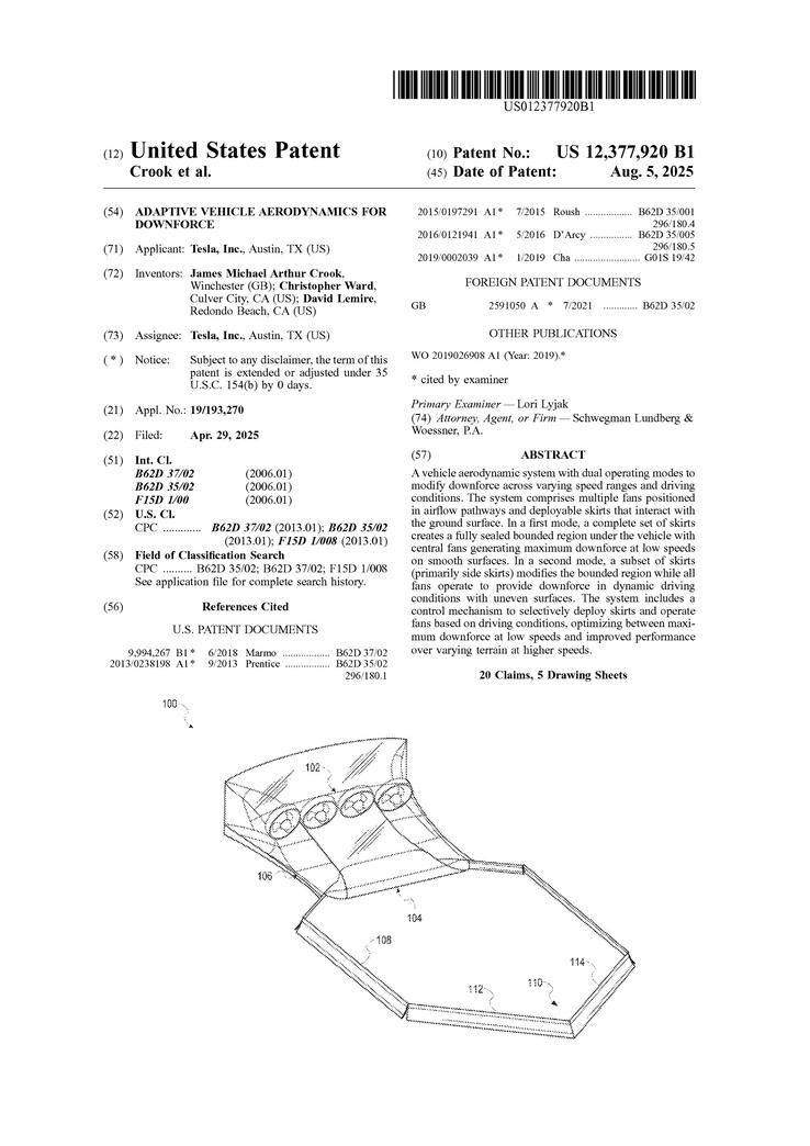 Het octrooi voor het aerodynamische systeem van de Tesla Roadster 2 bladen. (Afbeeldingsbron: USPTO)