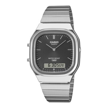 Casio AQ-240E-1A retro analoog-digitaal horloge met een zwarte wijzerplaat met sunburst-effect, een zilverkleurige kast en een roestvrijstalen armband.
