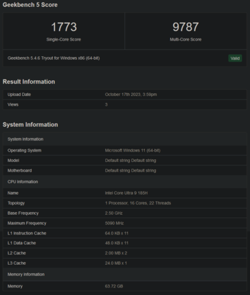 Core Ultra 9 185H Geekbench notering (afbeelding via Geekbench)