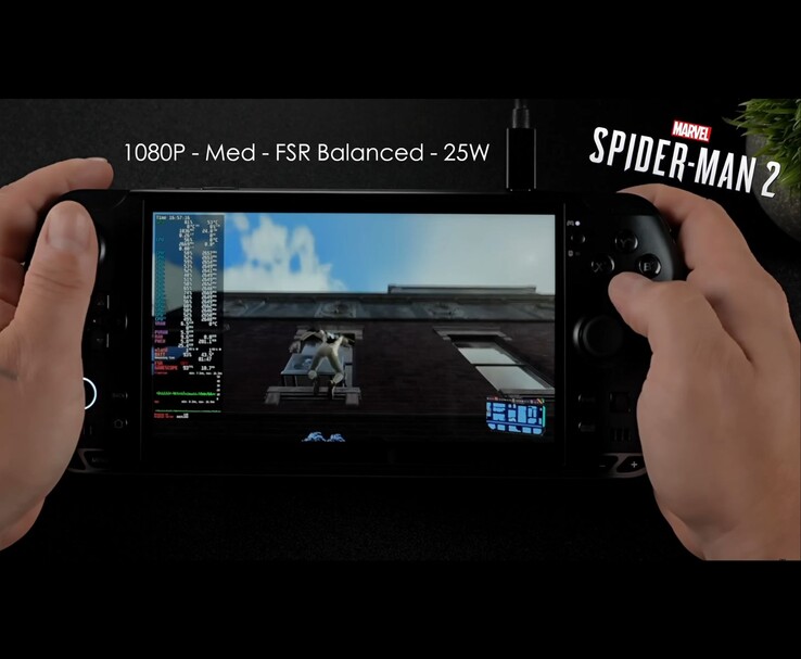 GPD Win 5 handheld gaming PC draait Marvel's Spider-Man 2 op 1080p Medium instellingen met FSR Balanced en een 25 W TDP. (Afbeeldingsbron: ETA PRIME via YouTube)