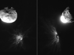 Foto&#039;s genomen door de Italiaanse LICIACube van de asteroïde na de inslag (Beeldbron: NASA, ASI en Universiteit van Maryland; bijgesneden)