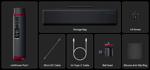 De LinkPower Pod 1 wordt geleverd met een draagtas en accessoires om het apparaat aan een camerastatief te bevestigen.