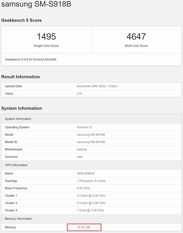 S23 Ultra met 12 GB RAM. (Beeldbron: Geekbench)