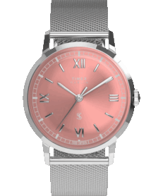 Timex x Todd Snyder Marlin Mesh-horloge met een zalmkleurige wijzerplaat met sunburst-effect en een roestvrijstalen mesh-armband.
