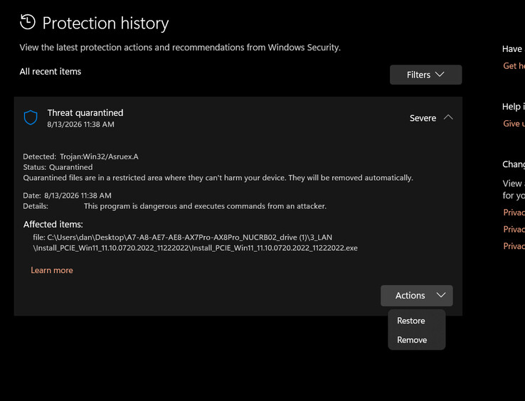 Het uitvoerbare bestand dat door Windows Defender is gemarkeerd