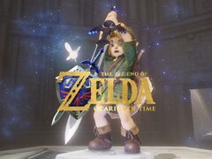 Banner voor de remake van Zelda: Ocarina of Time waarop Link het Master Sword vasthoudt