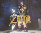 Banner voor de remake van Zelda: Ocarina of Time waarop Link het Master Sword vasthoudt