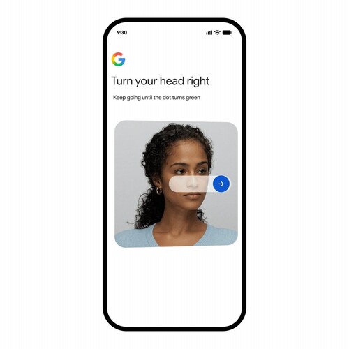 Google-scherm waarop de gebruiker wordt gevraagd zijn hoofd naar rechts te draaien