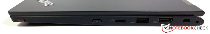 Rechts: Lenovo Pen Pro, aan/uit-knop, microSD-lezer, USB-A 3.2 Gen 2 (10 Gb/s), HDMI 2.0, Kensington-slot