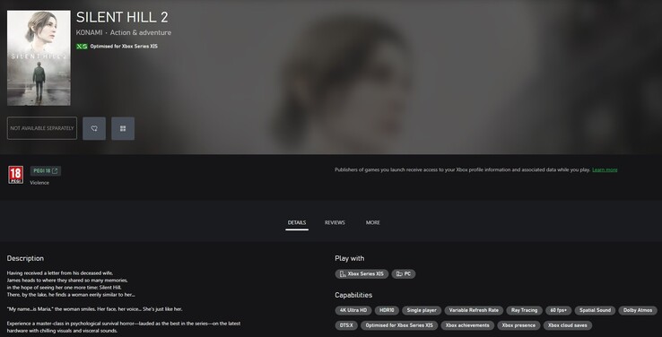 Screenshot van Silent Hill 2 spelpagina in de Microsoft Store. (Afbeeldingsbron: TrueAchievements)